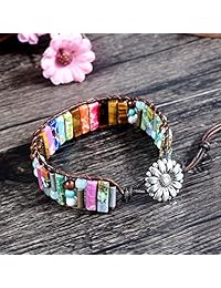 HOOMALL Leather Chakra Handmade Imperial Jasper Wrap Adjustable Bead Bracelet for Women Men (1pcs)