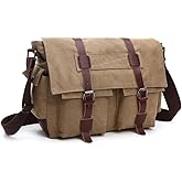 Vintage Canvas Messenger Bag, 15.6 Inch Laptop Crossbody Satchel with Multi-Pocket and Adjustable Shoulder Strap