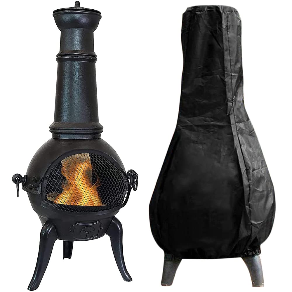 Outdoor Chimenea Cover Waterproof Windproof Ourdoor Garden Patio Heater Cover Heavy Duty Oxford Fabric Protector for Rain Dust Sun UV Protector 1.2m High Black