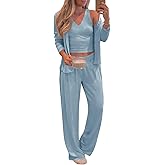 Tankaneo Womens 3 Piece Pajama Set Long Sleeve Shirts V Neck Tank Top Wide Leg Pants Sweatsuit Lounge Sets 2025