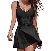 SHEKINI Women's Vintage V-Neck Ruched One Piece Swim Skirt Modest Tummy Control Swimdress Swimwear