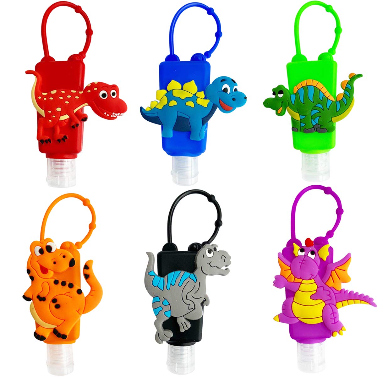 Ulife Mall 6 Pcs Cute Cartoon Kids Refillable Bottles Travel Containers Empty Plastic Bottle with Silicone Case Keychain Carrier, 30 ml Portable Leak Proof Flip Cap Keyring Bottles - Dinosaur