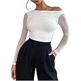 OYOANGLE Women's Off Shoulder Sheer Mesh Long Sleeve T Shirt Pearl Going Out Top