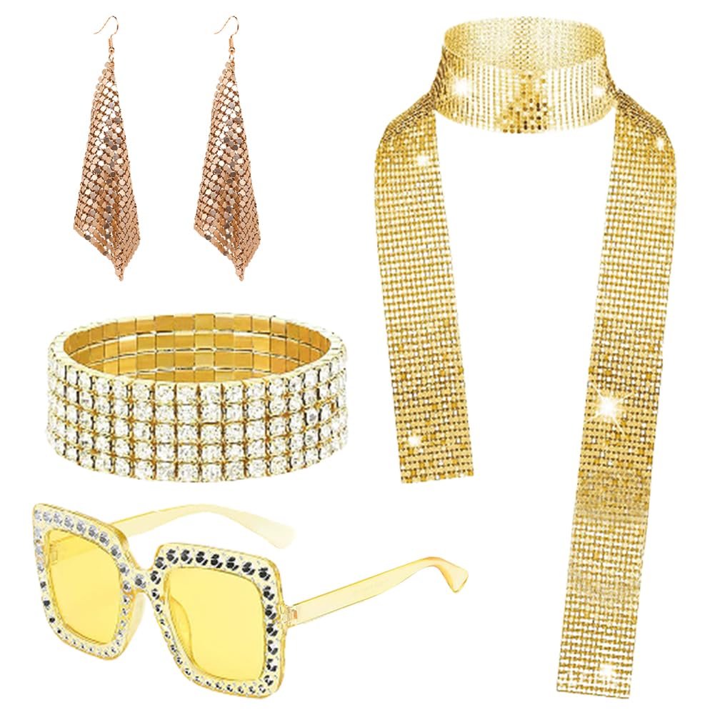 JiaggO 70s Disco Golden Accessories Set, 1970s Disco Costume Set for Women with Long Scarf, Sunglasses, Bracelets and Earrings for Retro Hippie Costume 4pcs