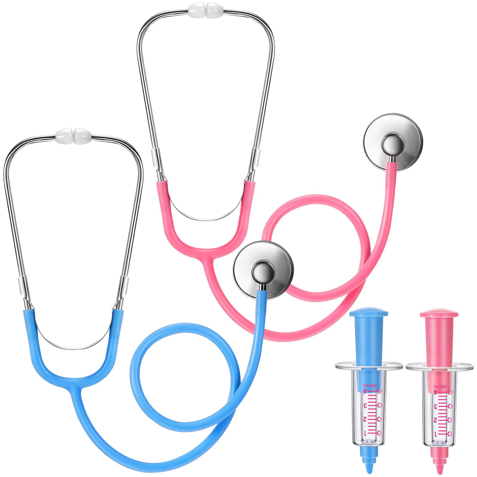 Photo 1 of 4 Pcs Kids Stethoscope with Syringe Toy Stethoscope Preschool Pretend Doctor Toys for Costume Kids Boys Girls Role Play Accessories, Pink Blue