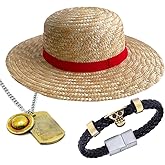 HJYZY Rufffy Straw OP Hat Summer Beach Sun Hat Pirate Necklace PU Leather Bangle Skeleton Bracelet Wristband 3 pcs