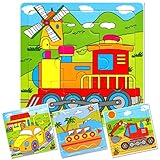 INTELLITOYZ Set of 4: 9 Piece Colorful Wooden Educational Transport Vehicles Jigsaw Puzzles. Includes Train, Tractor, Car and Ship