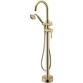 Wowkk Tub Filler Freestanding Bathtub Faucet Brushed Gold Floor Mounted Brass Bathroom Tub Faucets with Hand Shower