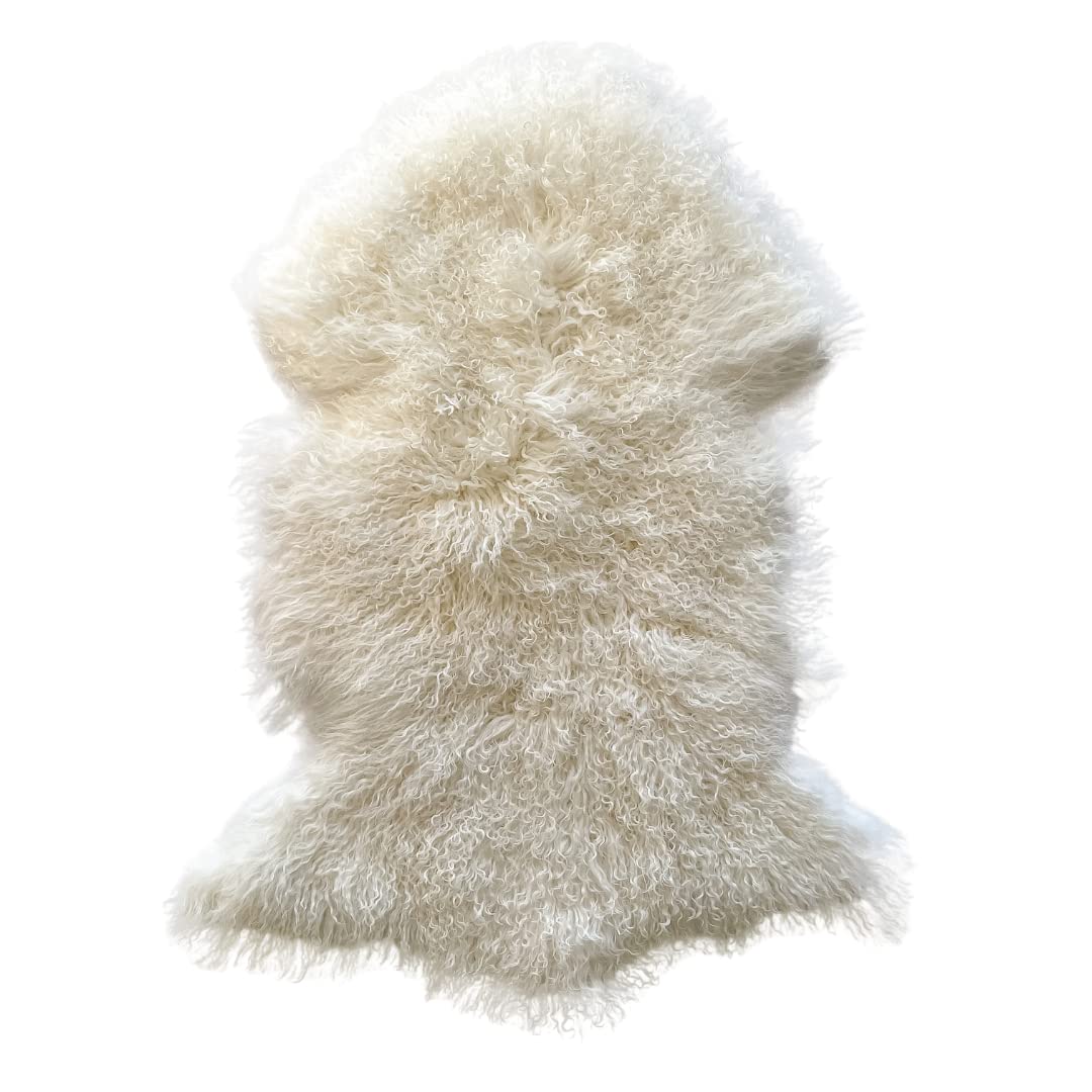 Naturally Sheepskins Mongolian Rug 90x55cm – Natural Sheepskin with Extra Long Curly Wool & Soft Luxury Fur Throw with Genuine Leather Backing - Hypoallergenic & Temperature Regulating (Ivory)