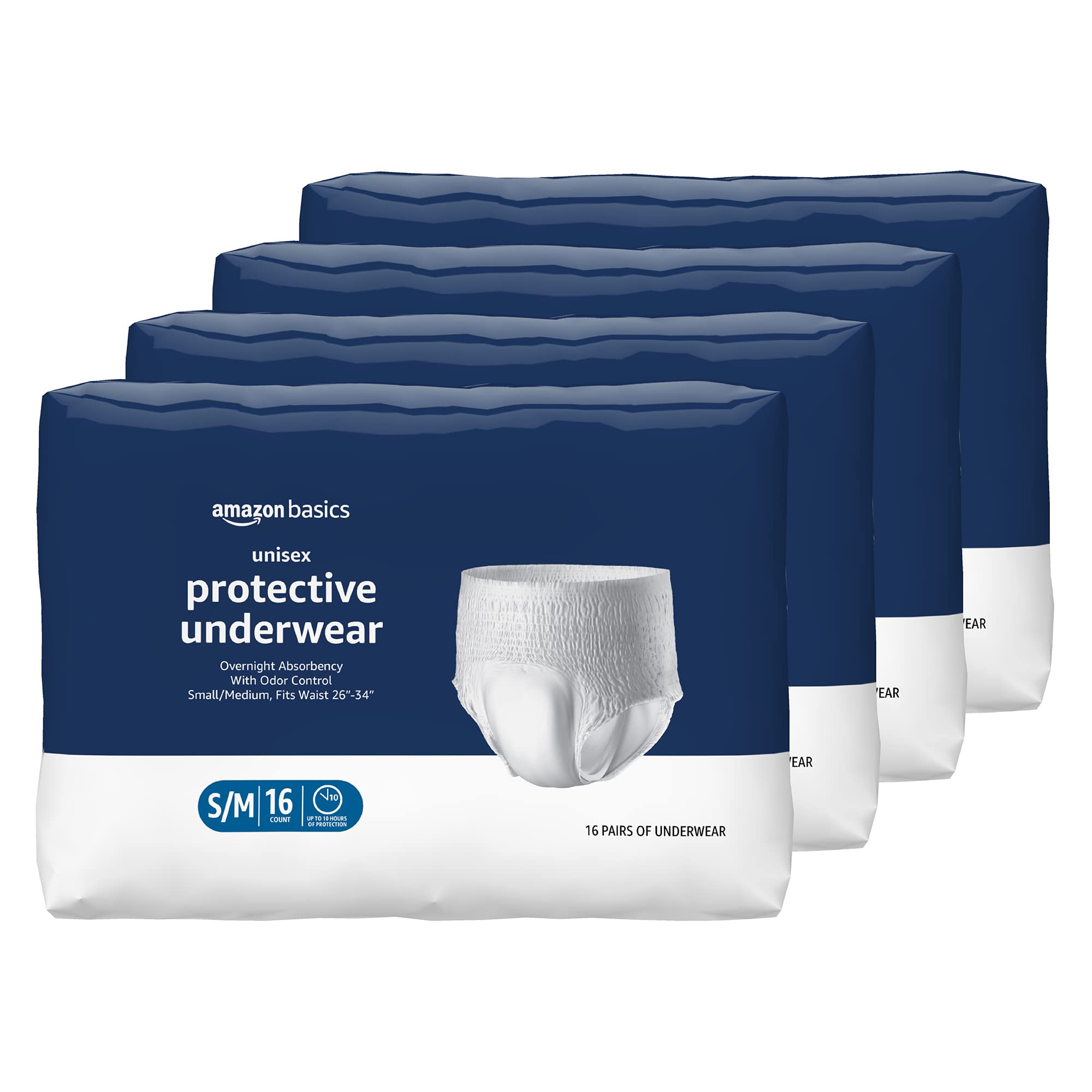 Photo 1 of Amazon Basics Unisex Protective Underwear, Overnight Absorbency, Small/Medium, 64 Count, (4 Packs of 16)