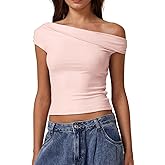 QINSEN Womens Twisted Off The Shoulder Tops Double Lined Short Sleeve T Shirts Slim Fitted Stretchy Tee