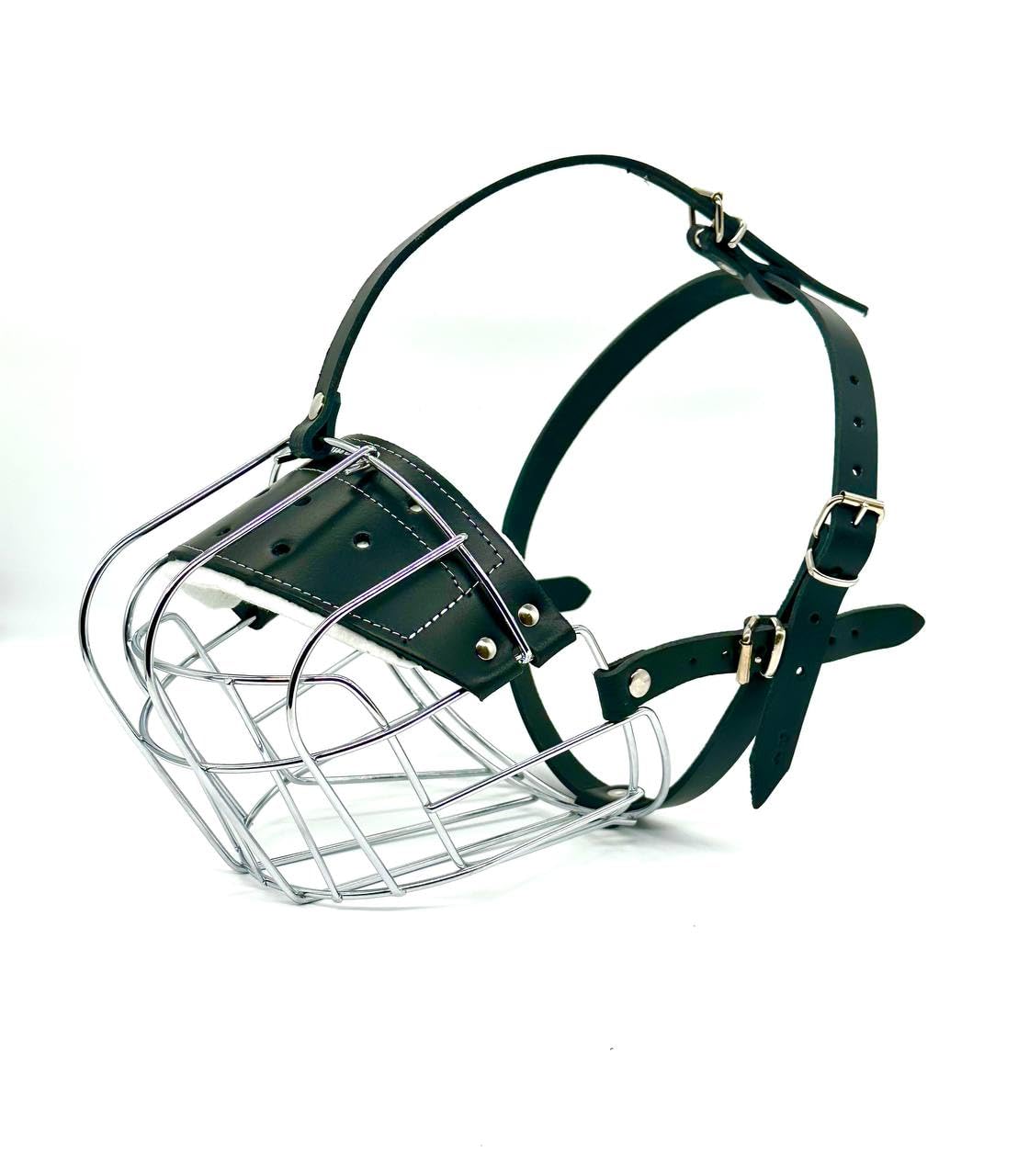 STRONG Wire Metal muzzle Basket Dog Muzzle Rottweiler,Mastiff Golden Retriever & other (R2, Silver/Black Leather)