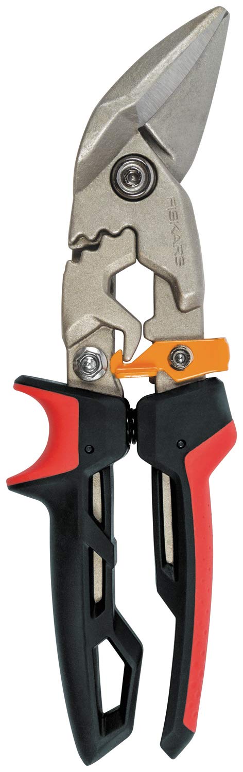 Fiskars PowerGear Aviation Snip Offset Left Cut, 40% More Power, Length 25.2cm, Heat-Treated Steel Blade/Plastic Handle, Black/Red/Orange, 102721, Orange/Black/Red