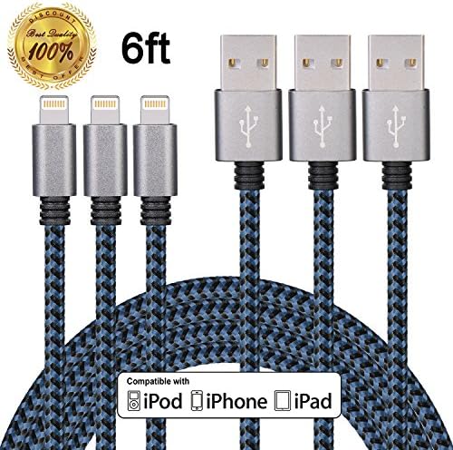 Winage 3Pack 6ft Nylon Braided Lightning to USB Syncing and Charging Cable Cord Fully Compatible with iPhone 7/7 Plus/ 6/ 6 Plus/ 6s/ 6s Plus /5/5s/SE iPad/iPod/Beats Pill+ and More(Black&amp;Blue)