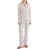 MOBJVIY Womens 2 Piece Outfit Cotton Pajamas Pants Set Heart Print LongSleeve Button Shirt with Long Pants Loungewear