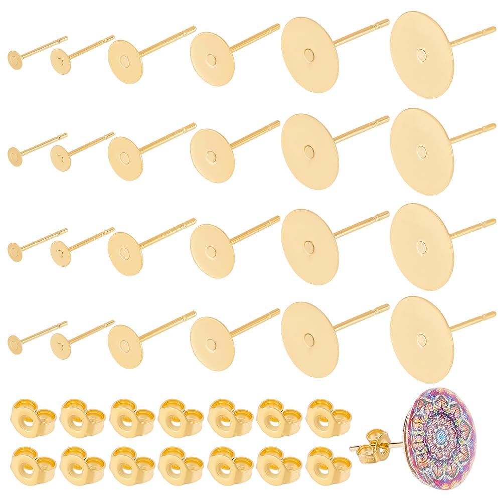 UNICRAFTALE 60 Sets 6 Sizes Stud Earring Settings,3/4/5/6/8/10mm Flat Round Ear Studs with Ear Nuts, 0.8mm Pin Golden Stud Earring Sets for DIY Earrings Making