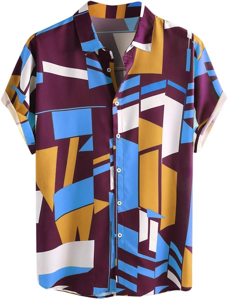 Colorful Printed Shirts Lapel Short Sleeve Button Down Summer Casual Holiday Hawaii Beach Tee Shirts Tops