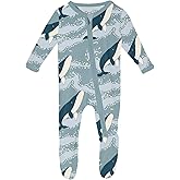 KicKee Print Footie with Zipper, Fitted Long Sleeve Pajamas, Ultra Soft Everyday One-Piece Loungewear, Baby and Kid Clothes for Boys and Girls (Stormy Sea Splashing Whales - 18-24 Months)