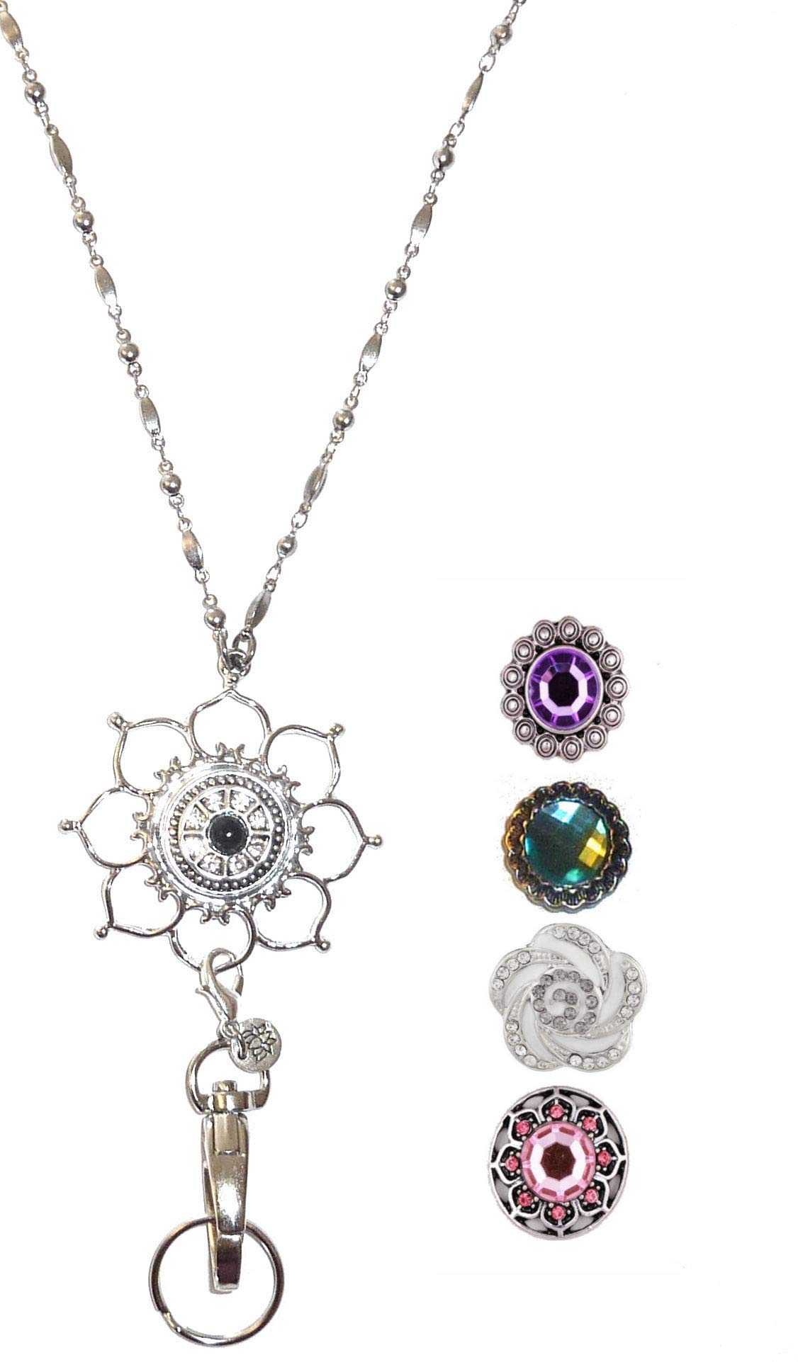 Hidden Hollow Beads Interchangeable Snap Button Lanyard Women's Stainlesss Steel Chain ID Badge holder Teacher Cruise Phone, Flower, 34 inches