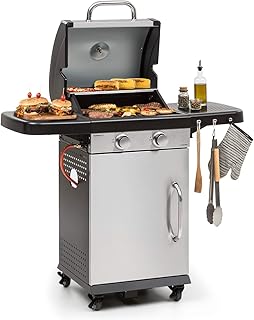 Klarstein Gazooka 2.0T Gas BBQ Grill - einklappbare Seitenteile, 2x3kW Edelstahlbrenner, InstantReady Concept, 5mm-Rost, Edelstahldeckel, SNAP-Jet Ignition-System, 4 Rollen, Bremsen, Edelstahl