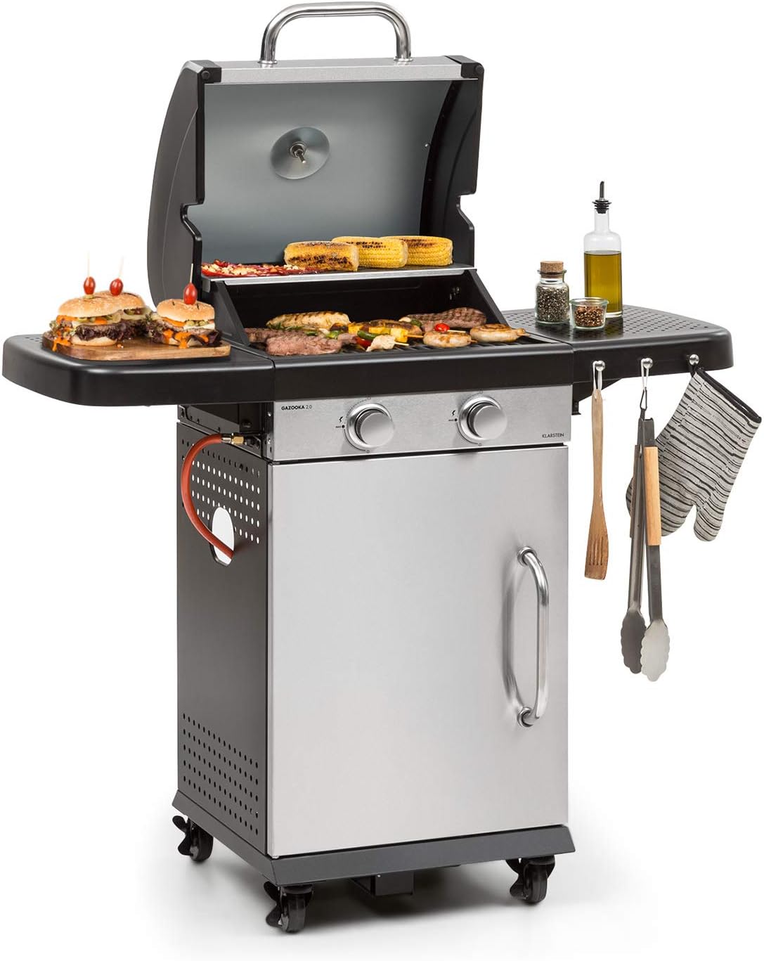 Klarstein Gazooka 2.0T Gas BBQ Grill - einklappbare Seitenteile, 2x3kW Edelstahlbrenner, InstantReady Concept, 5mm-Rost, Edelstahldeckel, SNAP-Jet Ignition-System, 4 Rollen, Bremsen, Edelstahl