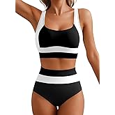 Herseas Women 2 Piece High Waisted Bikini Sets Colorblock Sporty Swimsuits Wide Straps Bathing Suit 2026 Summer Swimwear