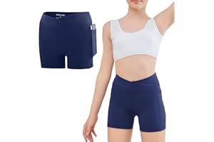 MEJING 4" Girls Cross Waist Athletic Shorts with Pockets, Biker Volleyball Running Cheer Dance Yoga Gymnastics Shorts