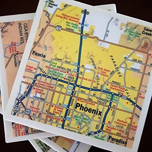 Phoenix, Arizona Road Map Coasters, Drink Coasters, set of 4, Full Cork Bottoms