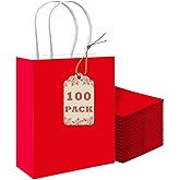 qiqee 100PCS Gift Bag with Handles Bulk Red Paper Bags Multiple Uses (8.3"x3"x6"inch Small Size)