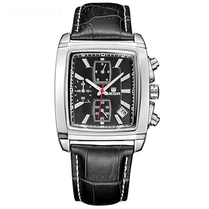MEGIR Japanese Quartz Square Dial Genuine Leather Strap Multifunction Chronograph Waterproof Wristwatch for Men 2028 - Black Silver