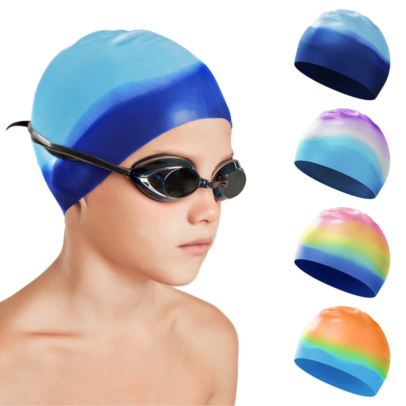 AKHTART Swimming Cap, 100% Silicone Swim Stretchable and Comfortable Kids Spacious Waterproof Hat for Long Hair/Short Hair/Girls/Boys/Kids/Teens/Children (Light Blue/Dark Blue)