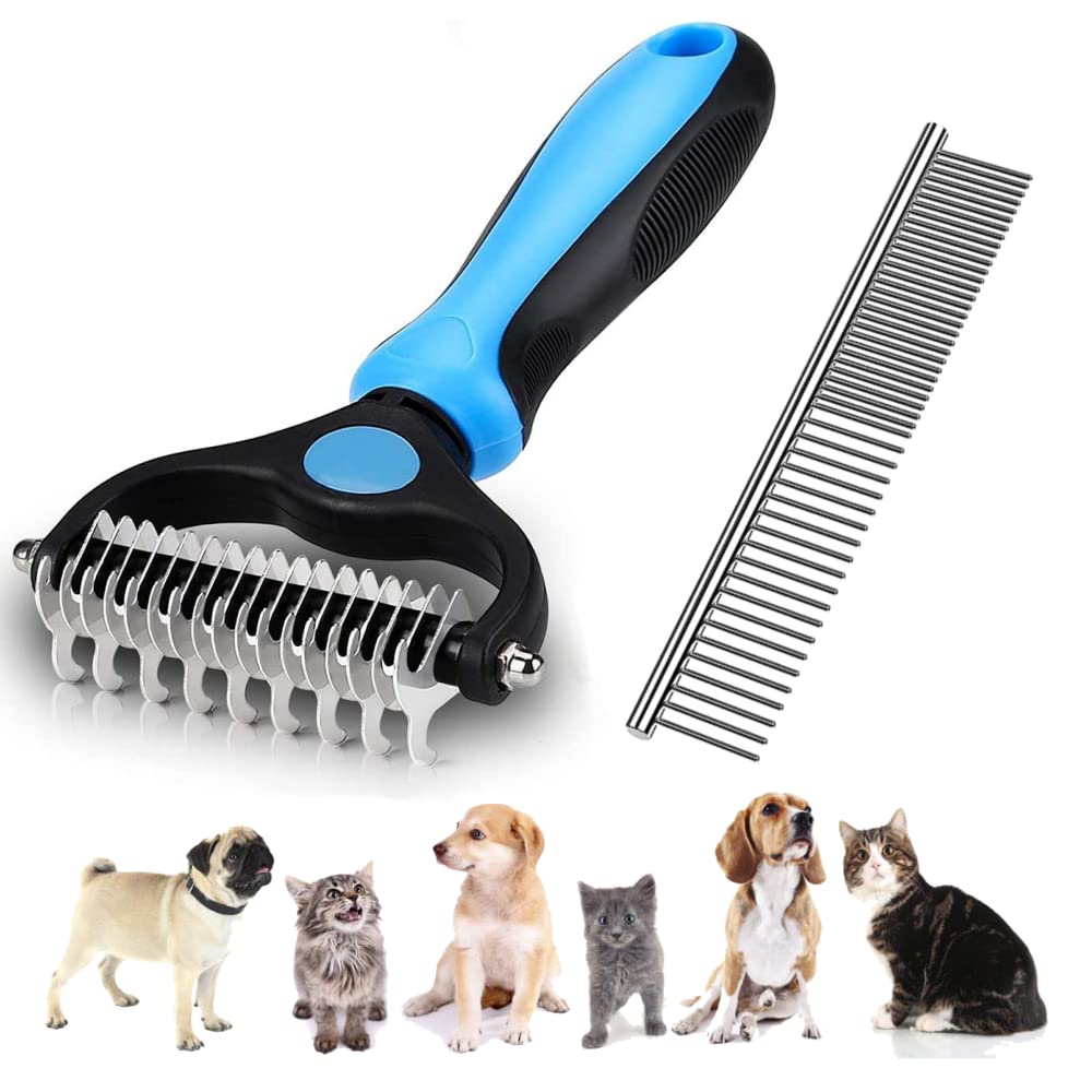 Dog Brush - Double Sided Dematting Comb, Cat Brushes for Long&Short Haired, Cat Grooming Brush - Dog Brushes for Shedding | Deshedding Brushes for Dogs&Cats (Blue Set)