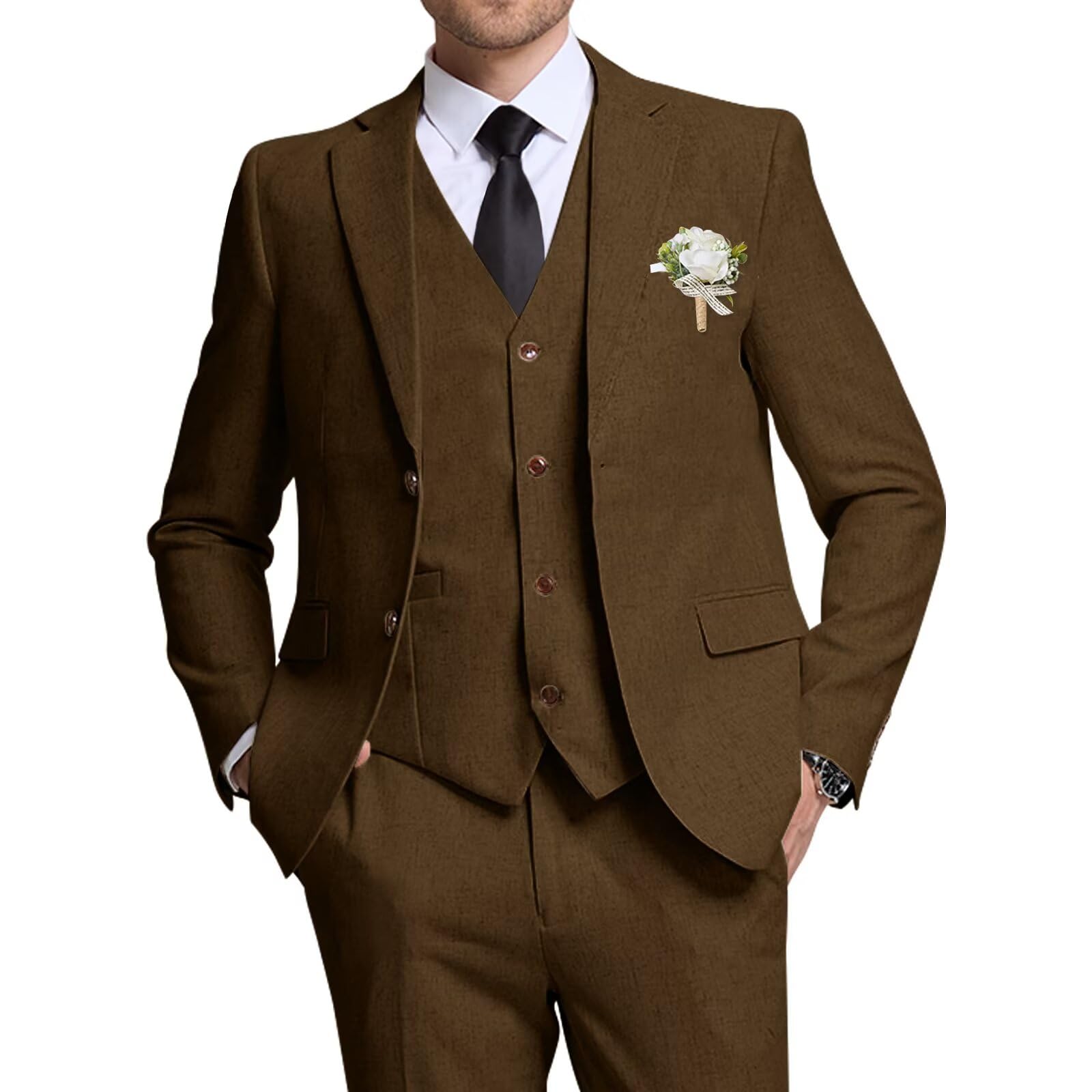 High-End Suits Retro Dark Brown Linen Men Suit