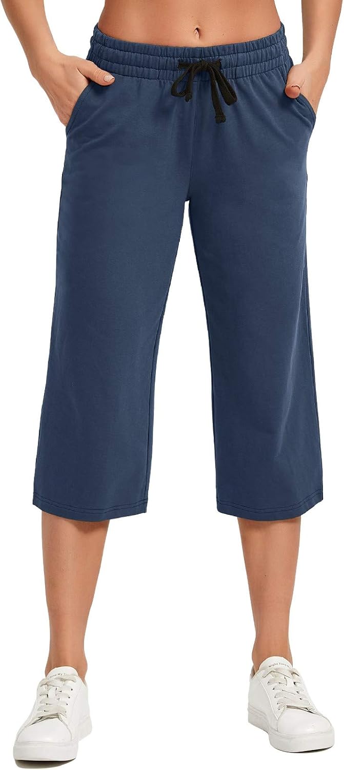 SPECIALMAGIC Women's Yoga Capris Lounge Pants Indoor Sweatpants Straight Wide Leg Crop Jersey Pants with Inner Pockets: Clothing