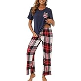 Luwnlorder Womens Pajama Sets 2 Piece Short Sleeve Pjs Tops and Long Pants Sleepwear Lounge Set with Pocket