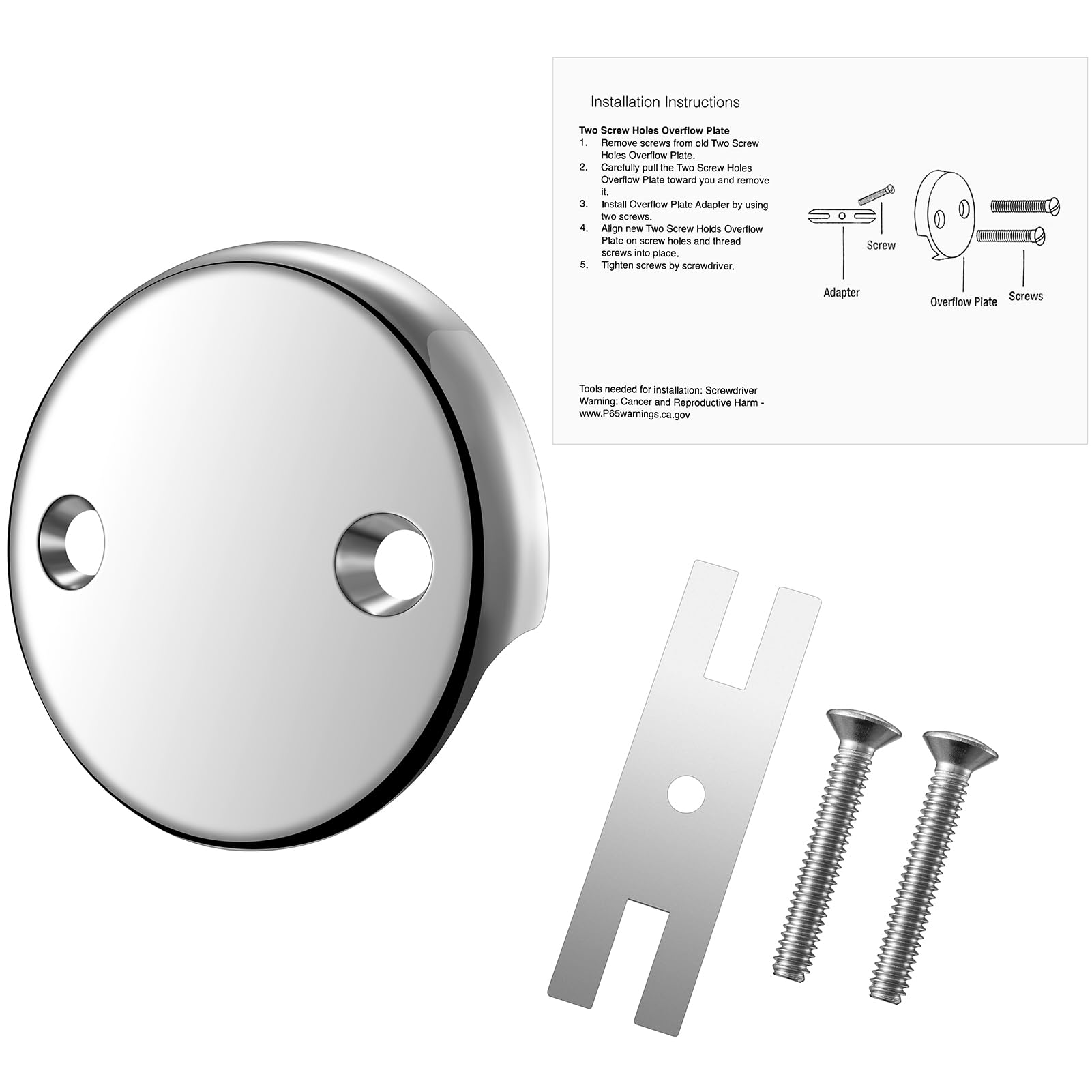 Photo 1 of 2-Hole Bathtub Overflow Cover Plate with Adapter, Brushed Nickel, Installation Hardware Included (Chrome)
