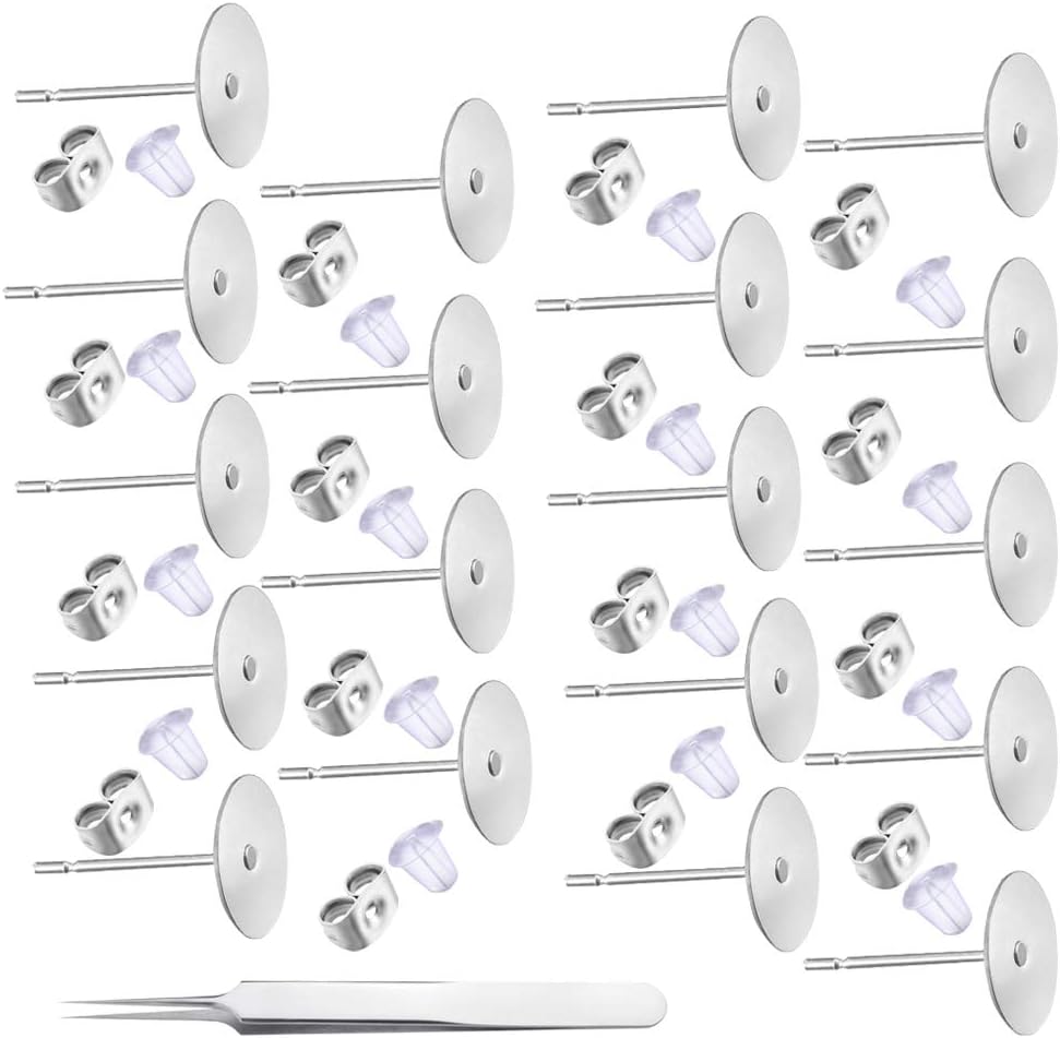 Zngou 1200PCS 5MM Stainless Steel Earrings Posts And Backs Hypoallergenic Flat Back Blank Earring Studs Earring Making Findings With Backs And Rubber Stoppers for DIY Jewellery Making Kit