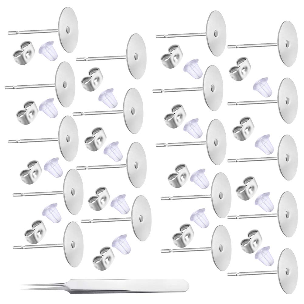 Zngou 1200PCS 5MM Stainless Steel Earrings Posts And Backs Hypoallergenic Flat Back Blank Earring Studs Earring Making Findings With Backs And Rubber Stoppers for DIY Jewellery Making Kit