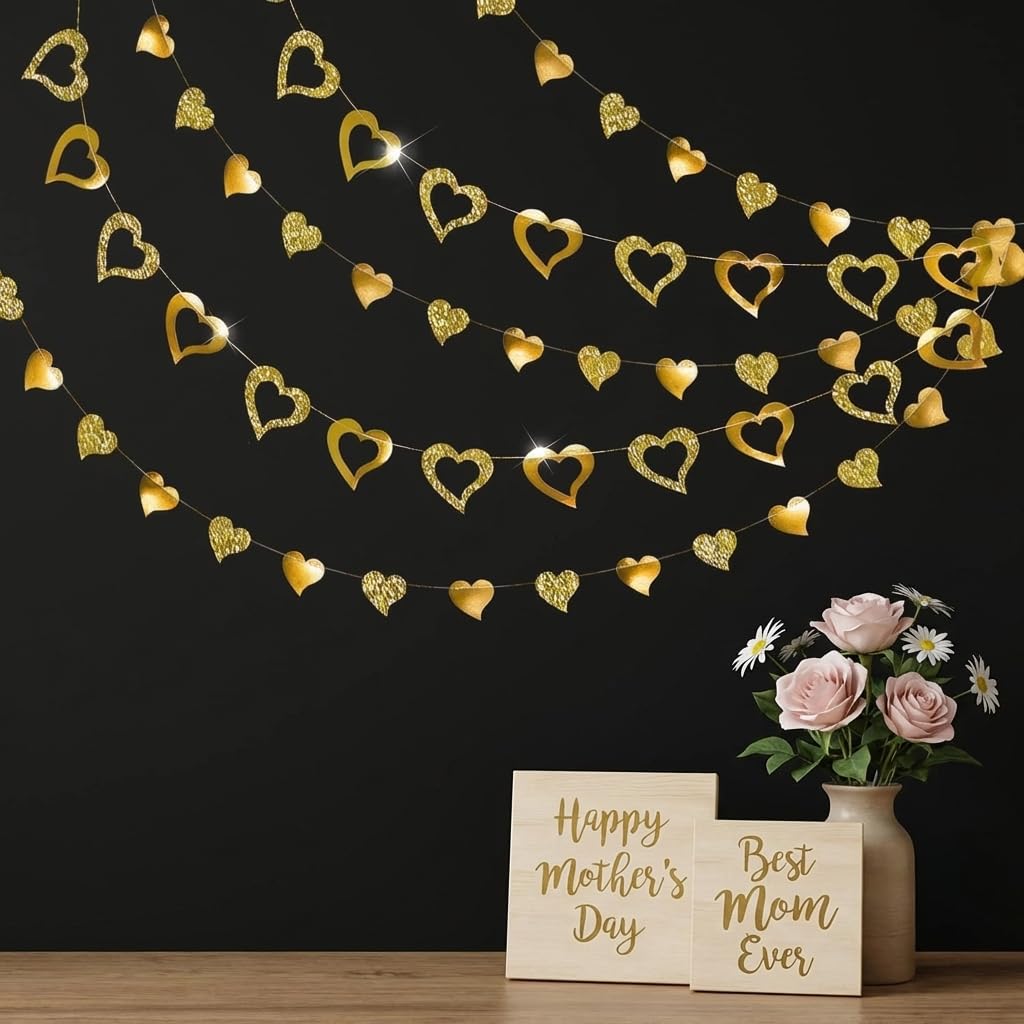 Gold Heart Garland Kit for Valentines Day Decoration Hanging Streamer Banner Backdrop for Wedding Bridal Shower Engagement Anniversary Bachelorette Party Decor