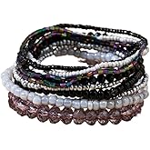Azusa Sun Bohemian Multilayer Stackable Beaded Bracelets for Women Colorful Blue Pink Crystal Glass Beads Stretch Bangle Bracelet Summer Beach Hawaii Jewelry - Black