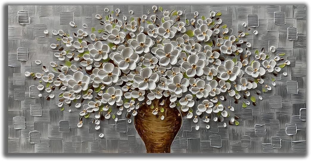 Paintings - Cenoi Art PaintingContemporary Abstract Oil Painting Hand Painted Texture Silver Background White Flower Art Oil Painting Modern Flower Canvas Wall Painting Bedroom Wall Decoration