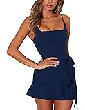 AIMCOOWomen's Casual Ruffle Hem Solid Wrap Dress Spaghetti Strap Front Tie Knot Short Dresses