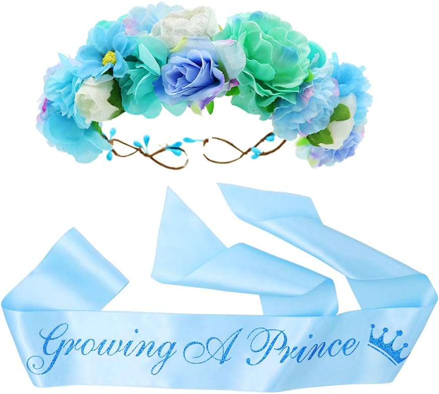 "Growing a Prince" Sash & Flower Crown Kit - Baby Shower Sash Prince Baby Boy Shower Baby Sprinkle (Blue)