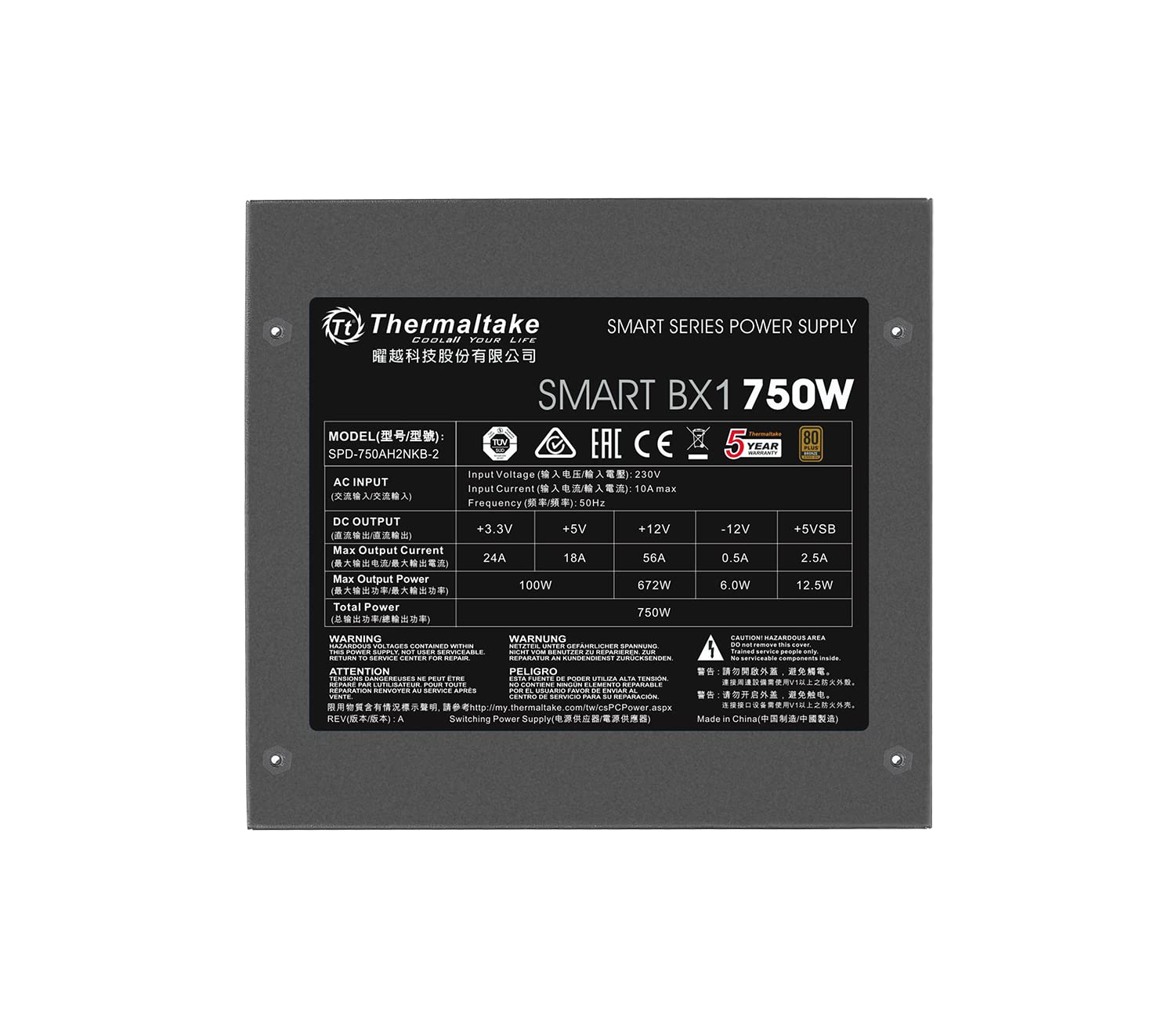 Thermaltake Smart BX1 750W Bronze SLI/Crossfire Ready Continuous Power ATX12V V2.3/ EPS V2.92 80 Plus Bronze Certified 5 Year Warranty Non Modular Power Supply PS-SPD-0750NNFABU-1