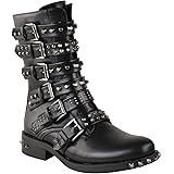 Fashion Thirsty Womens Studded Ankle Boots Buckle Biker Strappy Flat Shoes Size
