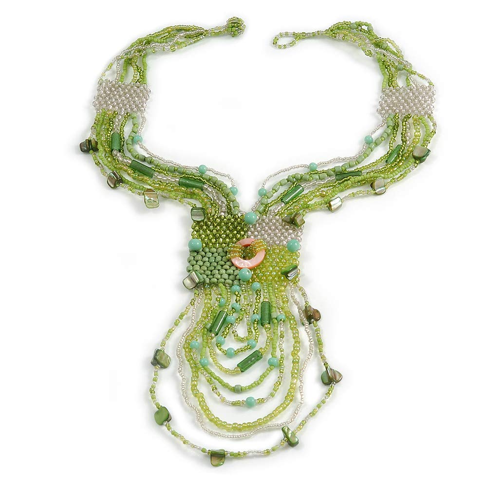 Avalaya Lime Green/Transparent Glass Bead Sea Shell Tassel Necklace with Button and Loop Closure/44cm L (N)/ 17cm L (Tassel)