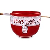 Silver Buffalo Sanrio Hello Kitty x Nissin Cup Noodles Red Ceramic Dinnerware Set | Includes Ramen Noodle Bowl and Wooden Chopsticks