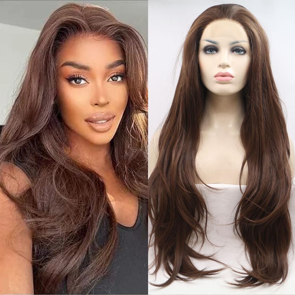 Xiweiya Long Natural Wavy Brown Synthetic Lace Front Wigs For Women Natural Saddlebrown Lace Front Wig 13x3 Lace Glueless Lack Wig Heat Resistant Fiber Half Hand Tied 24Inch