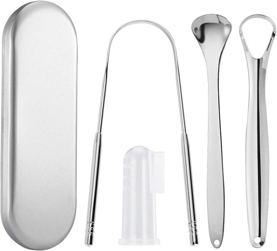 DealMaster Tongue Scraper, Stainless Steel Tongue Cleaner 5PCS, Copper Tounge Scrapper to Fight Bad Breath, with Finger Toothbrush and Storage Case for Adults and Kids, Silver