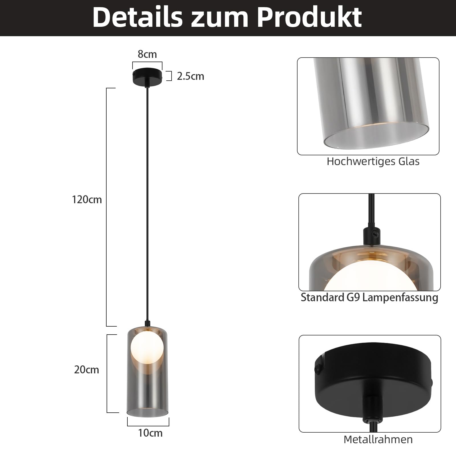 CBJKTX Hängelampe Vintage Pendelleuchte Esstisch - Glas Hängeleuchte G9 1 Flammig Esstischlampe Hängend Schwarz Retro Pendellampe Höhenverstellbar für Wohnzimmer Schlafzimmer (ohne Leuchtmittel) 5